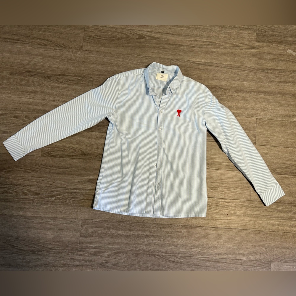 Blue Striped Button-Up Shirt with Red Logo